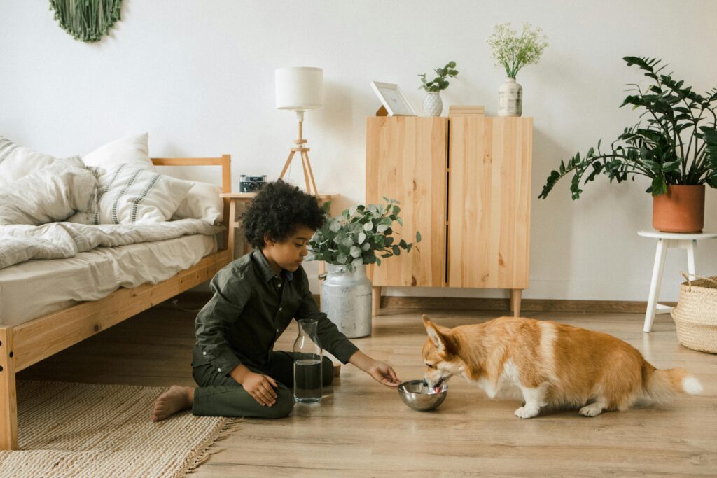 Dog drinking fresh water from a bowl indoors