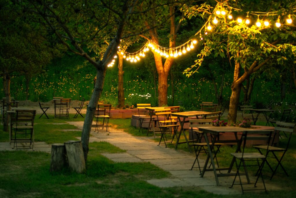 String lights creating warm ambience in an autumn backyard